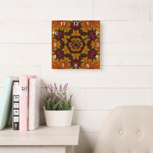 Reloj Cuadrado Bloom fractal en hues otoñales
