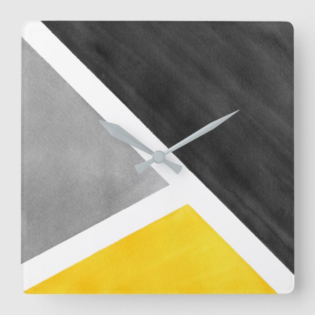 Reloj Cuadrado Bloque amarillo de la acuarela del blanco gris (Anverso)