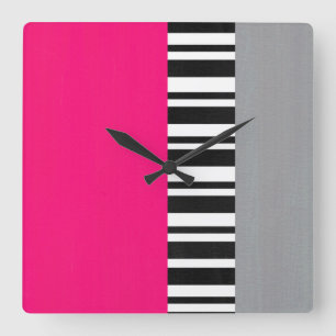 Reloj Cuadrado Bloque rayado blanco y negro gris rosado caliente