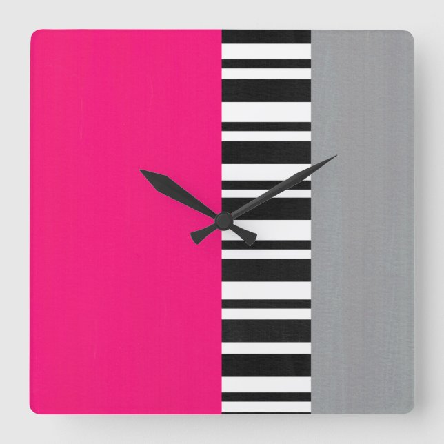 Reloj Cuadrado Bloque rayado blanco y negro gris rosado caliente (Anverso)