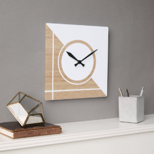 Reloj Cuadrado Bloques contemporáneos círculos rayas sobre madera
