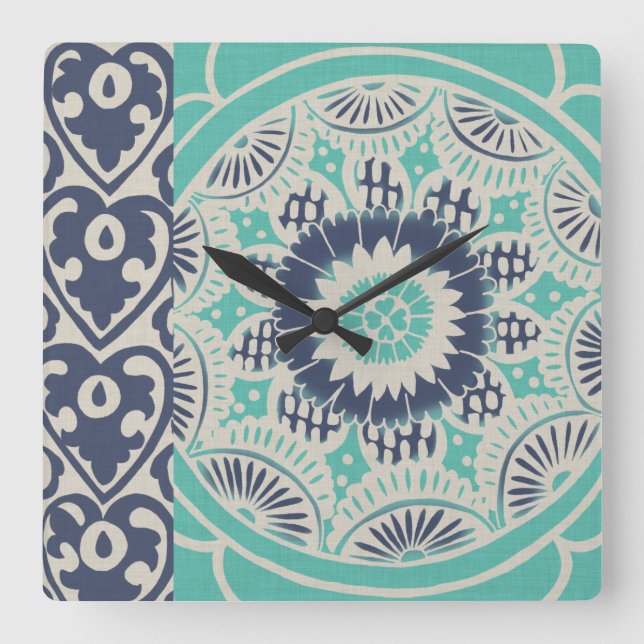 Reloj Cuadrado Blue Batik Tile III (Anverso)