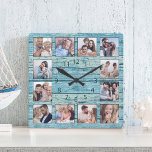 Reloj Cuadrado Blue Beach Driftwood Planea un Náutico Rústico<br><div class="desc">Crea fácilmente tu propio reloj de pared estilo casa-lago de tablas de marisco rústico azul personalizado con tus fotos personalizados. La plantilla utiliza un filtro de fotos para crear un aspecto más coordinado. Para obtener los mejores resultados, recortar las imágenes a cuadrado - con el punto de enfoque en el...</div>