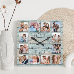 Reloj Cuadrado Blue Beach Nauftwood<br><div class="desc">Crea fácilmente tu propio reloj de pared estilo casa-lago de tablas de marisco rústico azul personalizado con tus fotos personalizados. Para obtener los mejores resultados,  recortar las imágenes a cuadrado - con el punto de enfoque en el centro - antes de subir.</div>