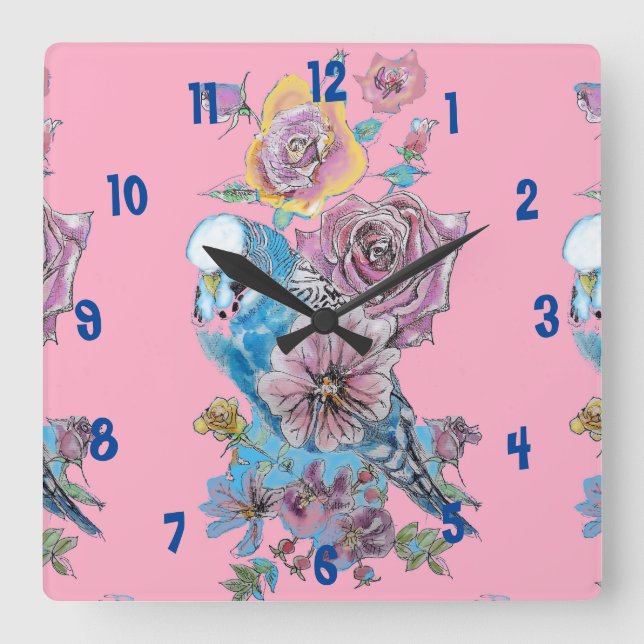 Reloj Cuadrado Blue Budgie Watercolor Pink Womans Office Clock (Anverso)