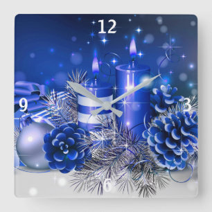 Reloj Cuadrado Blue Christmas Ornaments and Candles