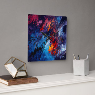 Reloj Cuadrado Blue Ember Blue Red Contemporary Resumen Arte