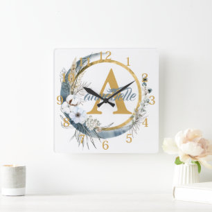 Reloj Cuadrado Blue Floral Boho Nombre personalizado y nombre ini