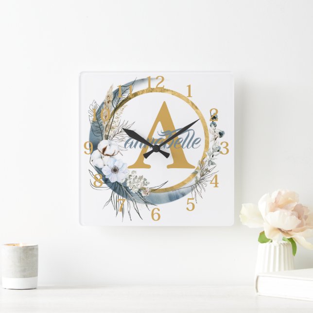 Reloj Cuadrado Blue Floral Boho Nombre personalizado y nombre ini (Hogar)