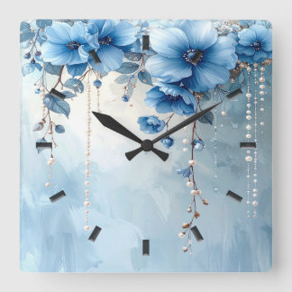 Reloj Cuadrado Blue Flowers and Pearls Wall Clock