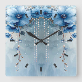 Reloj Cuadrado Blue Flowers and Pearls Wall Clock