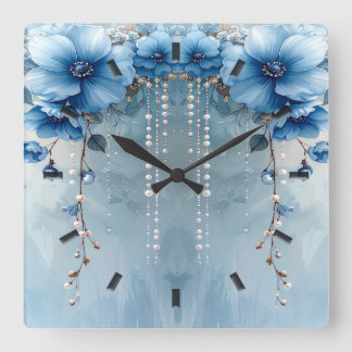 Reloj Cuadrado Blue Flowers and Pearls Wall Clock