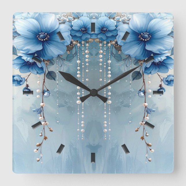 Reloj Cuadrado Blue Flowers and Pearls Wall Clock (Anverso)