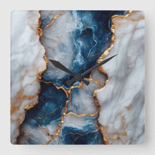 Reloj Cuadrado Blue & Gold Marble Square Wall Clock  (Anverso)