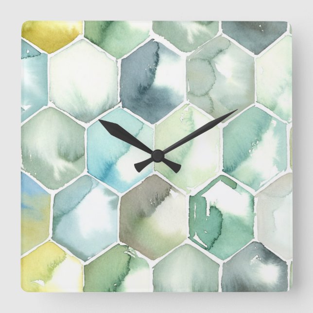 Reloj Cuadrado Blue & Green Aquarelle Honycomb Pattern (Anverso)
