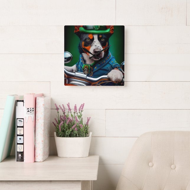 Reloj Cuadrado Blue Heeler Dog Driving Bike St. (Sala de lectura)