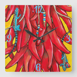Reloj Cuadrado Blue Lizard Red Chili Chile Pepper Clock Southwest