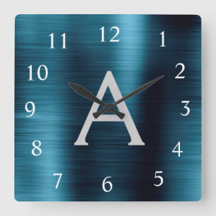 Reloj Cuadrado Blue Modern Elegant Metallic Monograma Nombre
