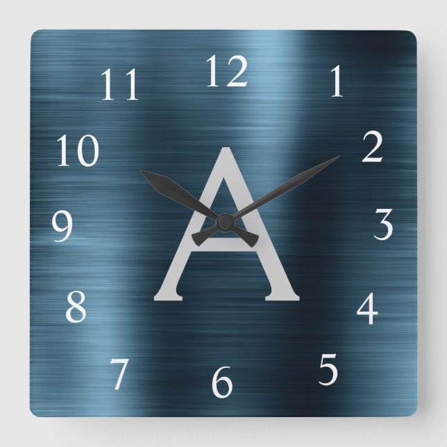 Reloj Cuadrado Blue Modern Elegant Metallic Monograma Nombre (Anverso)