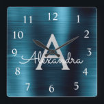 Reloj Cuadrado Blue Modern Elegant Metallic Monograma Nombre<br><div class="desc">Moderno y elegante Relieve metalizado de acero inoxidable Blue Faux Monograma y reloj de pared Personalizado personalizado inicial. El Wall Clock es un regalo perfecto para los amantes de la decoración moderna de moda metálica como Navidades o como regalo de cumpleaños.</div>