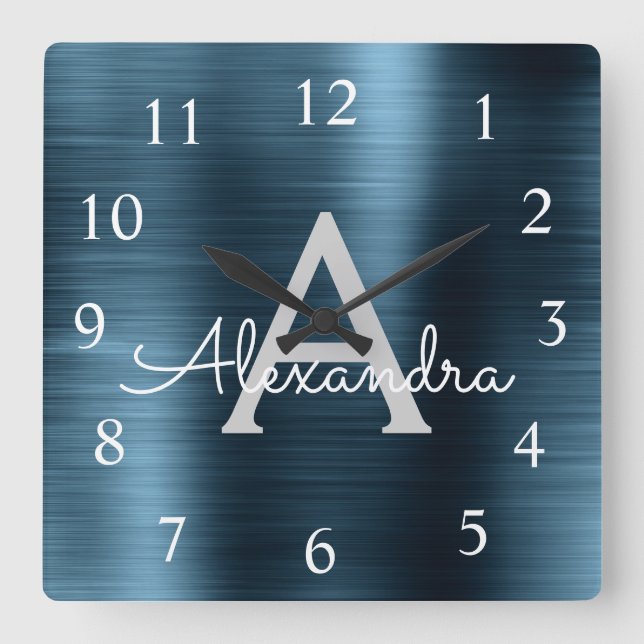 Reloj Cuadrado Blue Modern Elegant Metallic Monograma Nombre (Anverso)