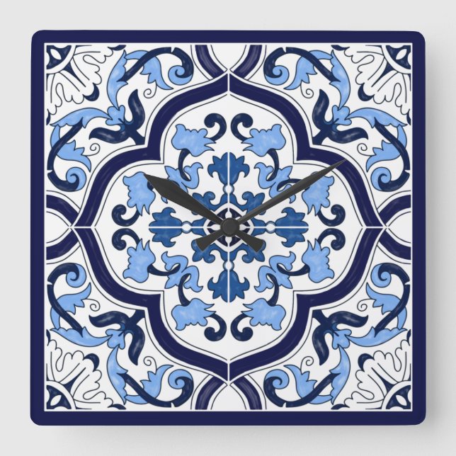 Reloj Cuadrado Blue Ornate Floral Mediterranean Sicilian Tile (Anverso)