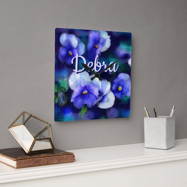 Reloj Cuadrado Blue Pansies Pansy Flower Floral Personalized (Oficina)