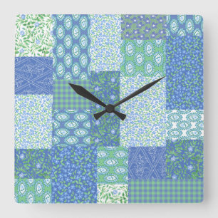 Reloj Cuadrado Blue Periwinkle Floral Boho Faux Patchwork Pattern