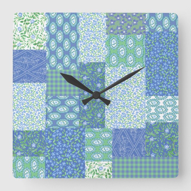 Reloj Cuadrado Blue Periwinkle Floral Boho Faux Patchwork Pattern (Anverso)