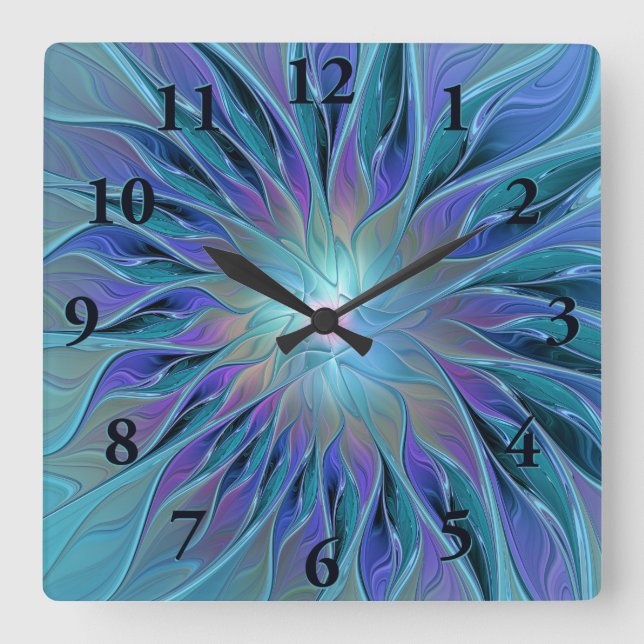 Reloj Cuadrado Blue Purple Flower Dream Resumen arte fractal (Anverso)