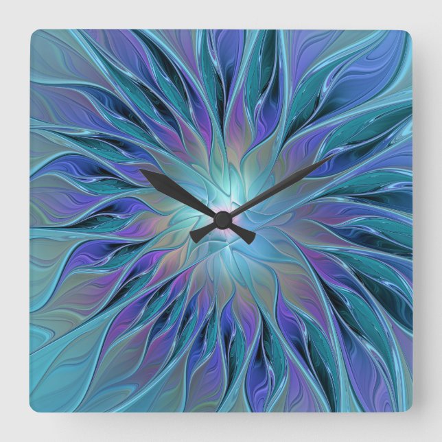 Reloj Cuadrado Blue Purple Flower Dream Resumen arte fractal (Anverso)