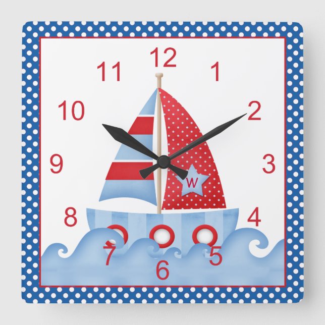 Reloj Cuadrado Blue Red White Sailboat (Anverso)
