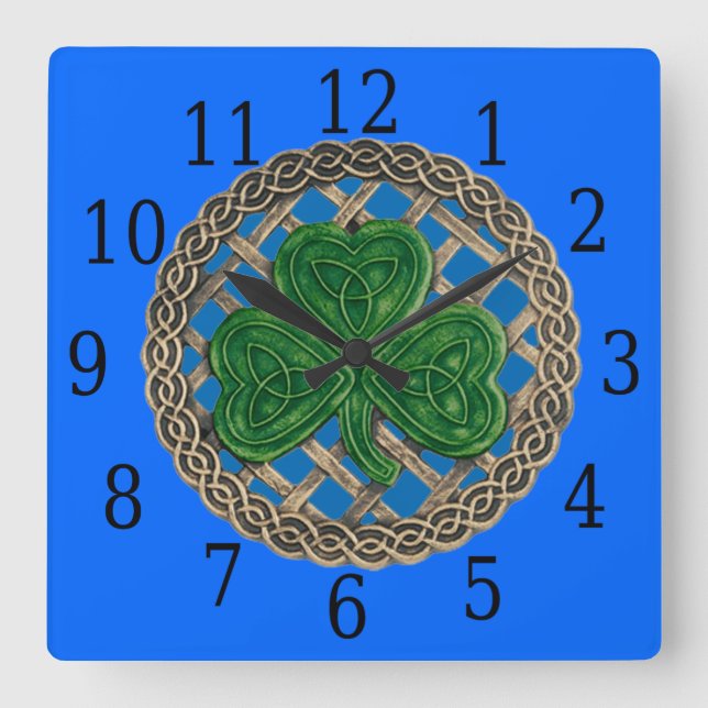 Reloj Cuadrado Blue Shamrock And Celtic Knots Square Clock (Anverso)
