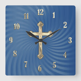 Reloj Cuadrado Blue Swirl Background Gold Cross