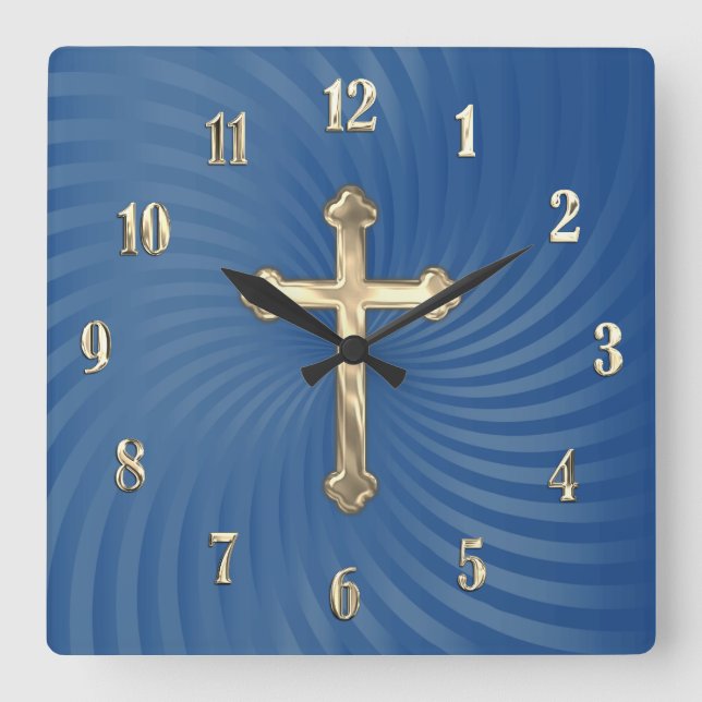 Reloj Cuadrado Blue Swirl Background Gold Cross (Anverso)