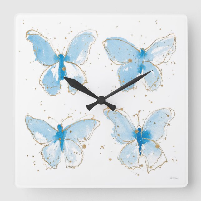 Reloj Cuadrado Blue Watercolor Butterflies (Anverso)