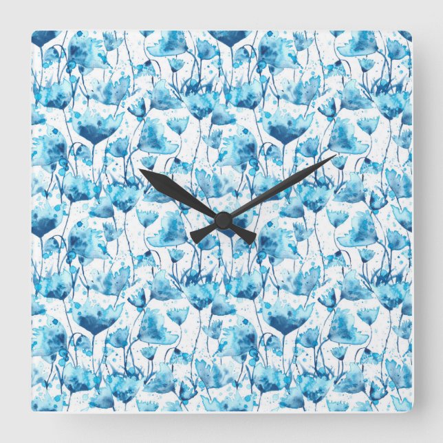 Reloj Cuadrado Blue Watercolor Daisies (Anverso)