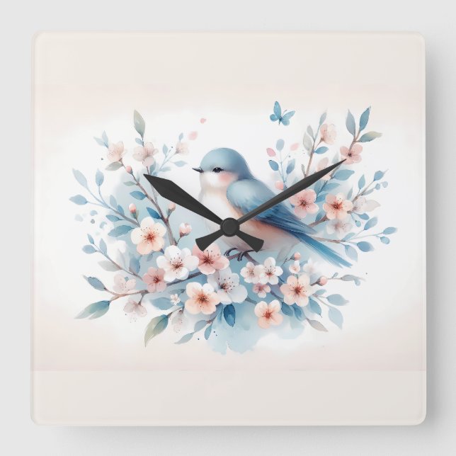 Reloj Cuadrado Bluebird Blossom Watercolor Serenity (Anverso)