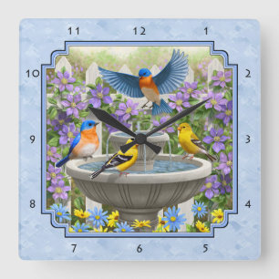 Reloj Cuadrado Bluebirds Goldfinches Flower Garden Fuente Azul