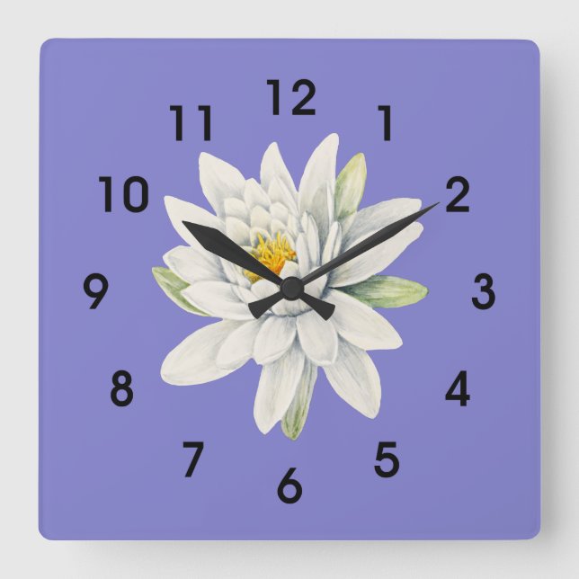 Reloj Cuadrado Bluebonnet Bluish-Purple, lirio blanco, (Anverso)