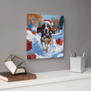 Reloj Cuadrado Bluetick Coonhound Escena Navideña Festiva de Niev