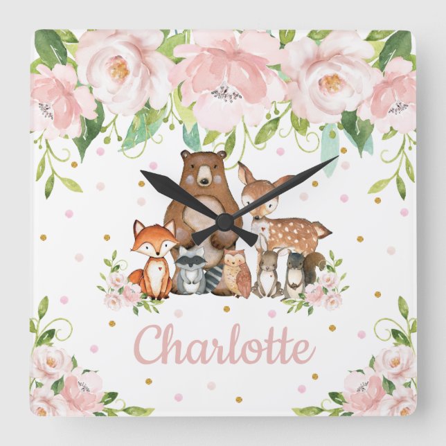 Reloj Cuadrado Blush Pink Floral Woodland Animals Girl Nursery (Anverso)