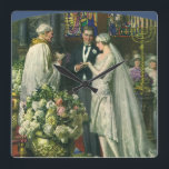 Reloj Cuadrado Boda de cosecha, novia y novio con Menorah<br><div class="desc">Imagen de la ceremonia del amor al ilustracion vintage y boda romántico que presenta a una pareja casada en una hermosa sinagoga con vidrieras,  flores y una menorah de siete ramas. La novia lleva un vestido largo y blanco boda y el novio es guapo en su esmoquin.</div>