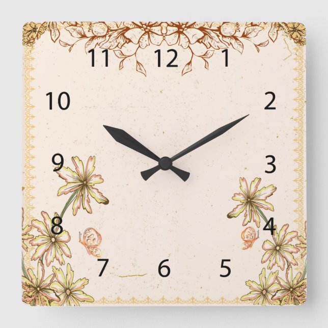 Reloj Cuadrado Boda de Flores Vintage (Anverso)