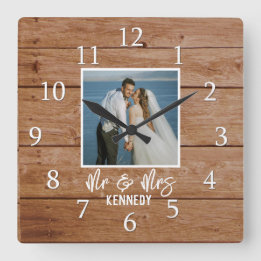 Reloj Cuadrado Boda de fotografía personalizado Aniversario Wood 