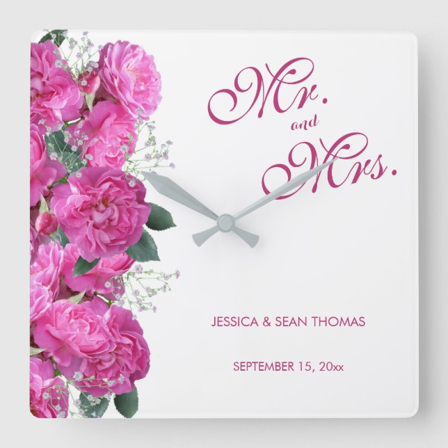 Reloj Cuadrado Boda de ramo floral romántico (Anverso)