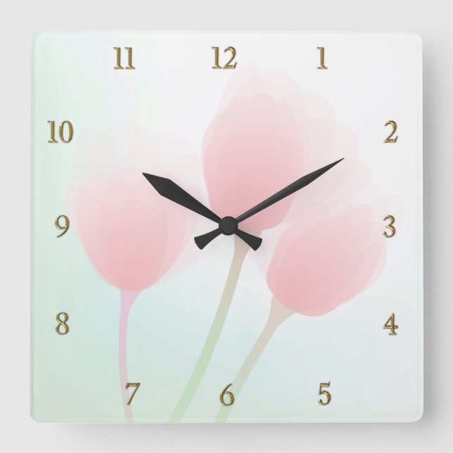 Reloj Cuadrado Boda de tulipanes Pastel rosa suave (Anverso)
