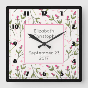 Reloj Cuadrado Boda del patrón de flores silvestres rosas y verde