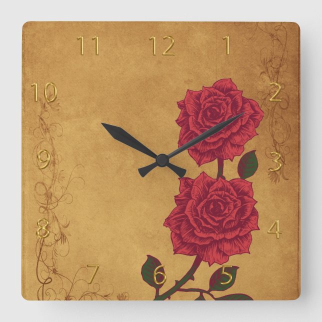 Reloj Cuadrado Boda Rosa Roja Vintage (Anverso)
