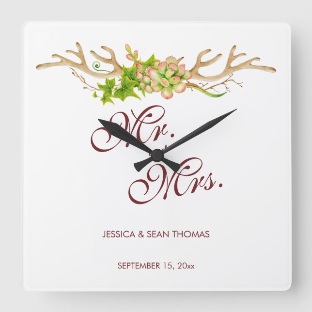 Reloj Cuadrado Boda Rústica con Cuerna y Flores Silvestres Recuer (Anverso)